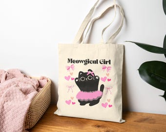 Meowgical Girl Cotton Canvas Tote Bag: Kawaii Cat Lover Gift