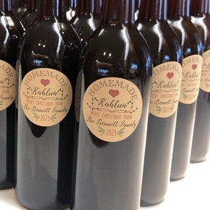 Homemade Kahlua Label - Set of 20 Personalized Gift Stickers - Water & Oil Resistant  - Holiday Labels