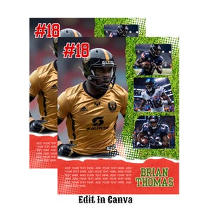 Puede incluir: Diseño de volante con un jugador de fútbol americano con uniforme dorado con el número 18. El diseño incluye fotos de acción de fútbol americano adicionales, el texto "Brian Thomas" y las palabras "Edit in Canva".