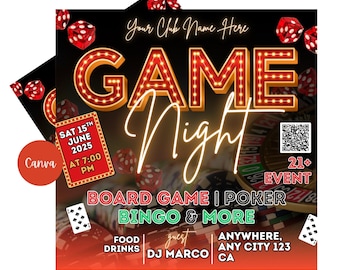 Family Bingo Night Flyer | Editable Family Game Night Invite | Fun Fundraiser Event | Instant Download For Events | Canva Template