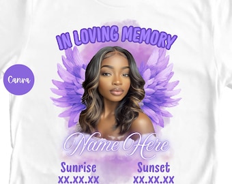 Plantilla de camiseta Rip (Canva) morada / "Por siempre en nuestros corazones con mariposas" (Png) / Camiseta Rip (Png) / Diseño de camiseta conmemorativa / Plantilla de Canva