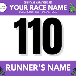May include: A white race bib featuring the number 110 in bold black numerals. The purple header displays "CHRISTMAS MARATHON 2025" and "YOUR RACE NAME". A festive Christmas tree graphic is included. The bottom section reads "RUNNER'S NAME".