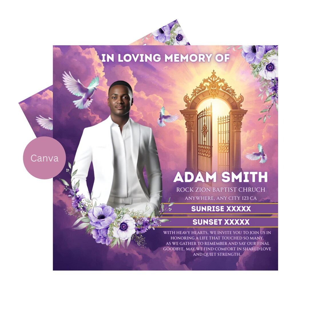 Funeral Flyer Canva Template | Purple Memorial Flyer | Editable Funeral ...