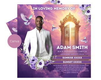 Plantilla de Canva para volante de funeral / Volante conmemorativo morado / Plantilla editable para anuncio de funeral / Plantilla de Canva
