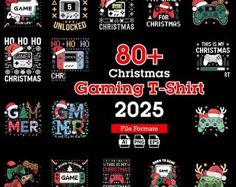 May include: A collection of Christmas-themed gaming t-shirt designs. The designs feature game controllers, text like "Gamer," "Christmas," and "Level Up," and festive elements like Santa hats and reindeer antlers. The image includes the text "80+ Christmas Gaming T-Shirt 2025."