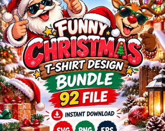 Może przedstawiać: Cyfrowa grafika przedstawiająca Świętego Mikołaja i renifera w okularach przeciwsłonecznych, z napisem FUNNY CHRISTMAS T-SHIRT DESIGN BUNDLE 92 FILE INSTANT DOWNLOAD SVG PNG EPS, w otoczeniu prezentów i śnieżnych dekoracji.