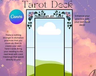 May include: A digital template with the text "Create Your Own Tarot Deck" against a cloudy sky background. The template includes a central rectangular area with the text "Number or Text" and "Enter Text Here", and the Canva logo.