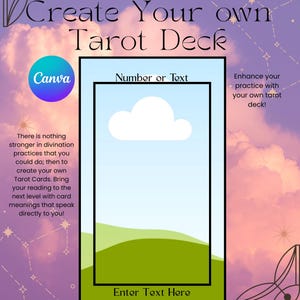 Könnte beinhalten: Digitalgrafik mit dem Text "Erstelle dein eigenes Tarot Deck". Das Design zeigt eine zentrale Kartenvorlage mit blauem Himmel, weißer Wolke und grüner Landschaft. Das Canva-Logo ist sichtbar. Zusätzlicher Text lautet "Nummer oder Text" und "Text hier eingeben".