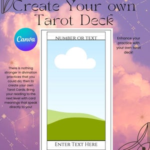 Könnte beinhalten: Digitales Design für ein Tarotdeck, mit einer Kartenvorlage mit einer Himmel- und Wolkenillustration. Der Text lautet "Erstelle dein eigenes Tarotdeck" und "Verbessere deine Praxis mit deinem eigenen Tarotdeck!" Das Canva-Logo ist sichtbar.