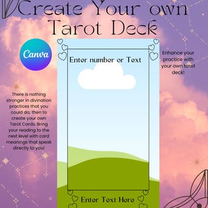 Könnte beinhalten: Digitales Design für ein Tarotdeck, mit einer zentralen Kartenvorlage mit Platz für Text und Zahlen. Das Design enthält ein Canva-Logo, den Text "Create Your Own Tarot Deck" und einen Hintergrund aus einem bewölkten Himmel.