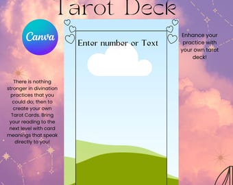 May include: A digital design for a tarot deck, featuring a central card template with space for text and numbers. The design includes a Canva logo, text that reads "Create Your Own Tarot Deck", and a background of a cloudy sky in shades of purple and pink.