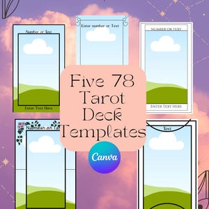 Könnte beinhalten: Digitales Design mit fünf Tarot-Deck-Vorlagen, jeweils mit Himmel- und Landschaftshintergrund. Die Vorlagen haben Textfelder für Zahlen oder Text, und die Worte "Five 78 Tarot Deck Templates" werden angezeigt. Ein Canva-Logo ist ebenfalls vorhanden.