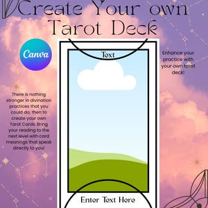 Könnte beinhalten: Eine digitale Grafik mit dem Text "Create Your own Tarot Deck" vor einem bewölkten lila und rosa Himmel. Das Bild enthält ein Canva-Logo und eine Tarotkarten-Vorlage mit Textfeldern zur Anpassung. Der Text "Enhance your practice with your own tarot deck!" ist ebenfalls enthalten.