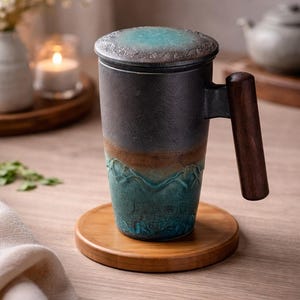 Puede incluir: Una taza de té de cerámica con un cuerpo gris oscuro, que pasa a marrón y turquesa. Tiene un asa de madera y se apoya en un posavasos de madera. La tapa es gris oscuro con un centro turquesa.