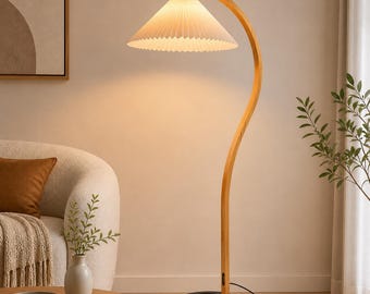 Curved Wooden Floor Lamp, Japandi Standing Light, Modern Arc Floor Lamps, Minimalist Living Room Lighting, Organic Home Decor, weeding gift