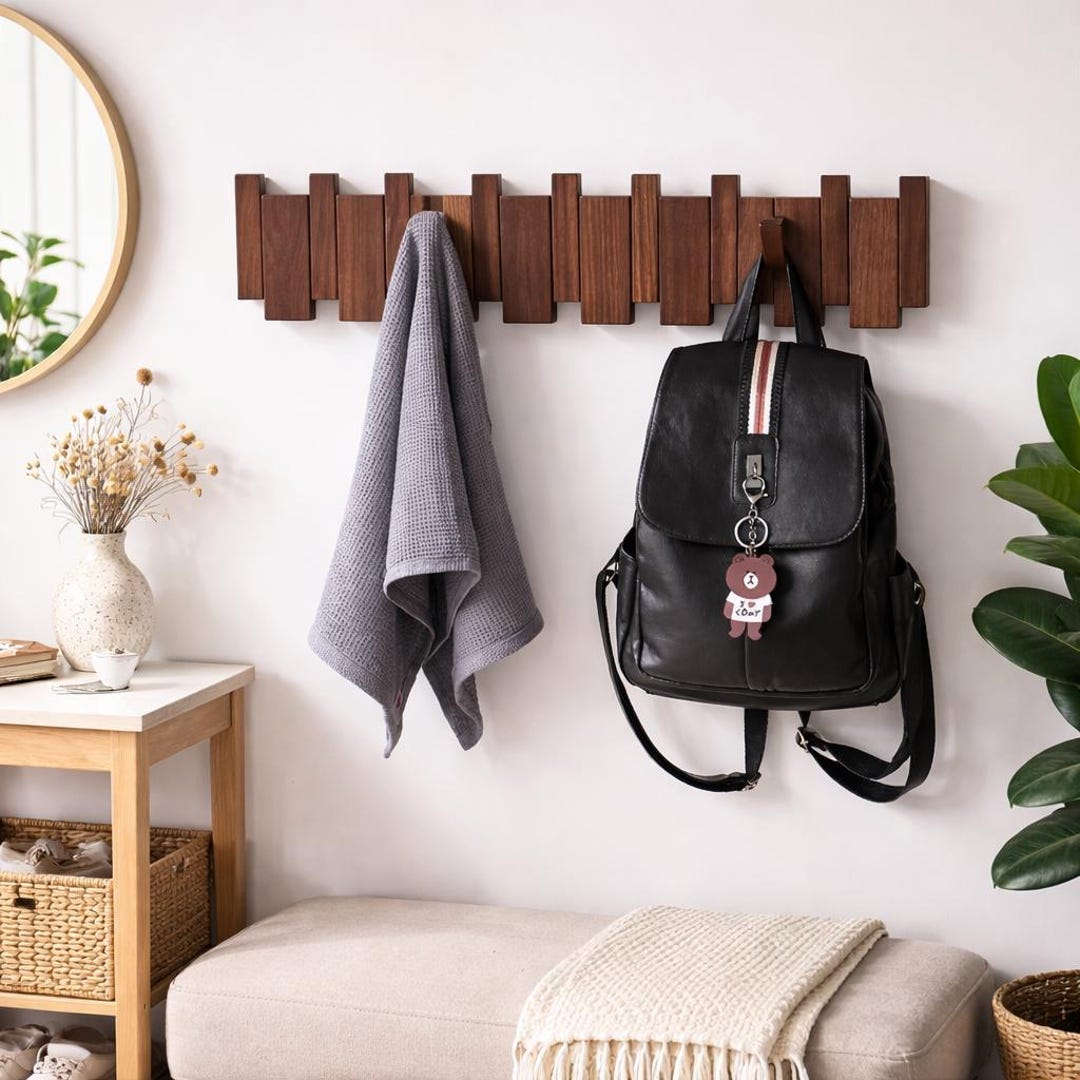 Handmade Hanging Rack Handmade Solid Oak Coat Rack Wall Mount, Minimalist Wooden Hooks Rail ...