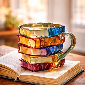 Può includere: Un'originale tazza da caffè a forma di pila di libri colorati. La tazza ha un manico trasparente e curvo e poggia su un libro aperto. I libri sono dipinti in tonalità di blu, arancione, rosa e rosso con dettagli dorati.