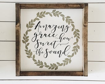 Amazing grace sign, Amazing grace how sweet the sound, canvas wood sign, framed wood sign, Farmhouse decor, faith decor, religious decor