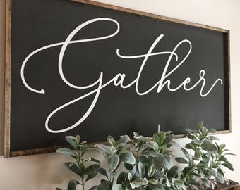 Large Gather Sign | Wood Sign | Framed Wood Sign | Wood and Canvas Sign | Canvas Art | Farmhouse Decor | Neutral Decor