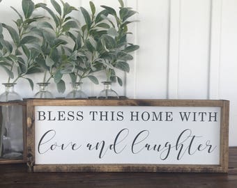 Bless This Home with Love and Laughter, Wood sign, Painted wood sign, Home decor, Farmhouse style, Farmhouse wall decor, Painted sign, Sign