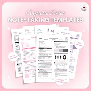 May include: A set of note-taking templates in pink and white, with bow illustrations. The text reads "Coquette Series NOTE-TAKING TEMPLATES". The image also includes the text "instant download" and "6 designs available".