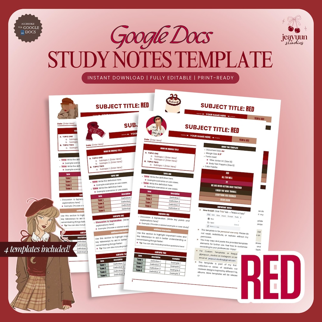 Printable Study Notes & Reviewer Template (red) | Editable Google Docs ...