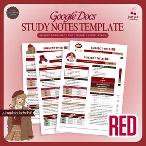 May include: A digital study notes template for Google Docs, featuring a red and white design. The template includes sections for subject titles, topics, and definitions. The image also includes the text "Instant Download | Fully Editable | Print-Ready".