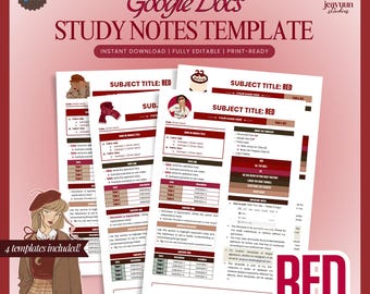 Printable Study Notes & Reviewer Template (Red) | Editable Google Docs for School, College, University