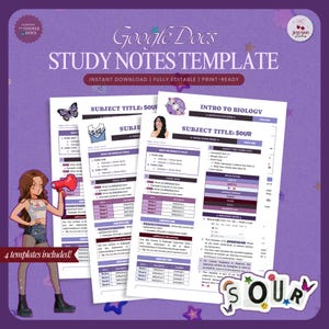 May include: A purple and white study notes template for Google Docs. The template includes the text "Study Notes Template" and "Instant Download | Fully Editable | Print-Ready". The image also includes the text "Subject Title: Sour" and "Intro to Biology".