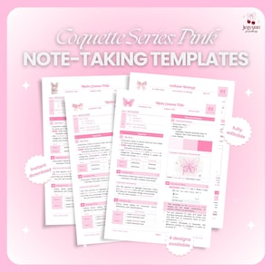 May include: Pink note-taking templates from the Coquette Series. The templates feature a pink and white colour scheme with decorative bows and butterflies. The text includes "Main Lesson Title" and "Cellular Biology". The templates are fully editable and available as an instant download.