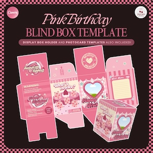 Puede incluir: Plantilla de caja ciega rosa de cumpleaños con soporte de caja de exhibición y plantillas de fototarjetas. El diseño presenta un esquema de color rosa con el texto "Pink Birthday" y "Happy Birthday". La caja tiene una ventana en forma de corazón.