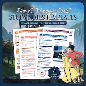 May include: Study notes templates for Howl's Moving Castle, featuring four designs. The templates are fully editable and print-ready, with the text "Howl's Moving Castle STUDY NOTES TEMPLATES" at the top. The image includes illustrations of characters from the movie.
