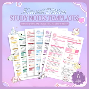 Puede incluir: Se muestran seis plantillas imprimibles de notas de estudio con temática Kawaii. Las plantillas presentan colores pastel, ilustraciones bonitas y el texto "Study Notes Templates". El diseño incluye el texto "Instant Download | Fully Editable | Print-Ready".