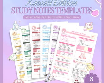 Può includere: Una collezione di sei modelli di note di studio stampabili a tema Kawaii. I modelli presentano colori pastello, simpatiche illustrazioni e il testo "Study Notes Templates". Il design include il testo "Instant Download | Fully Editable | Print-Ready".