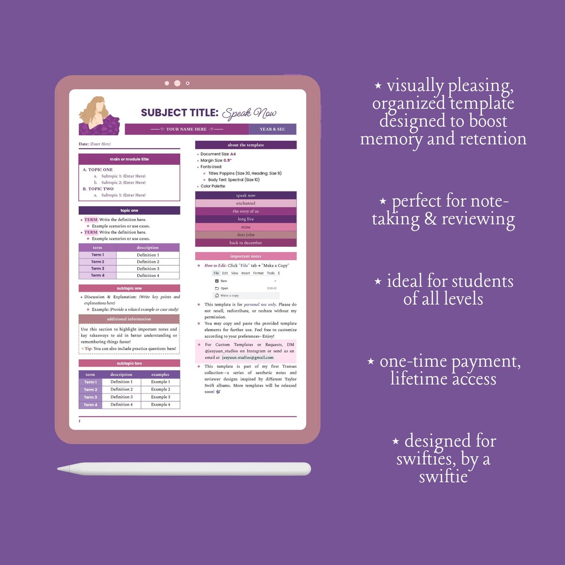 Printable Study Notes & Reviewer Template (purple) | Editable Google ...