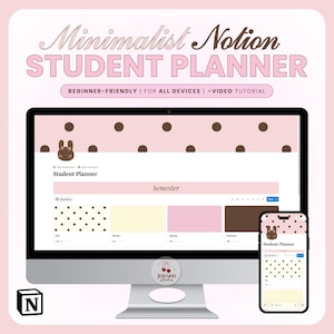 May include: A digital student planner displayed on a computer monitor and a smartphone screen. The interface features a light pink background with brown polka dots, a brown rabbit icon, and sections labeled Fall, Winter, Spring, and Summer.