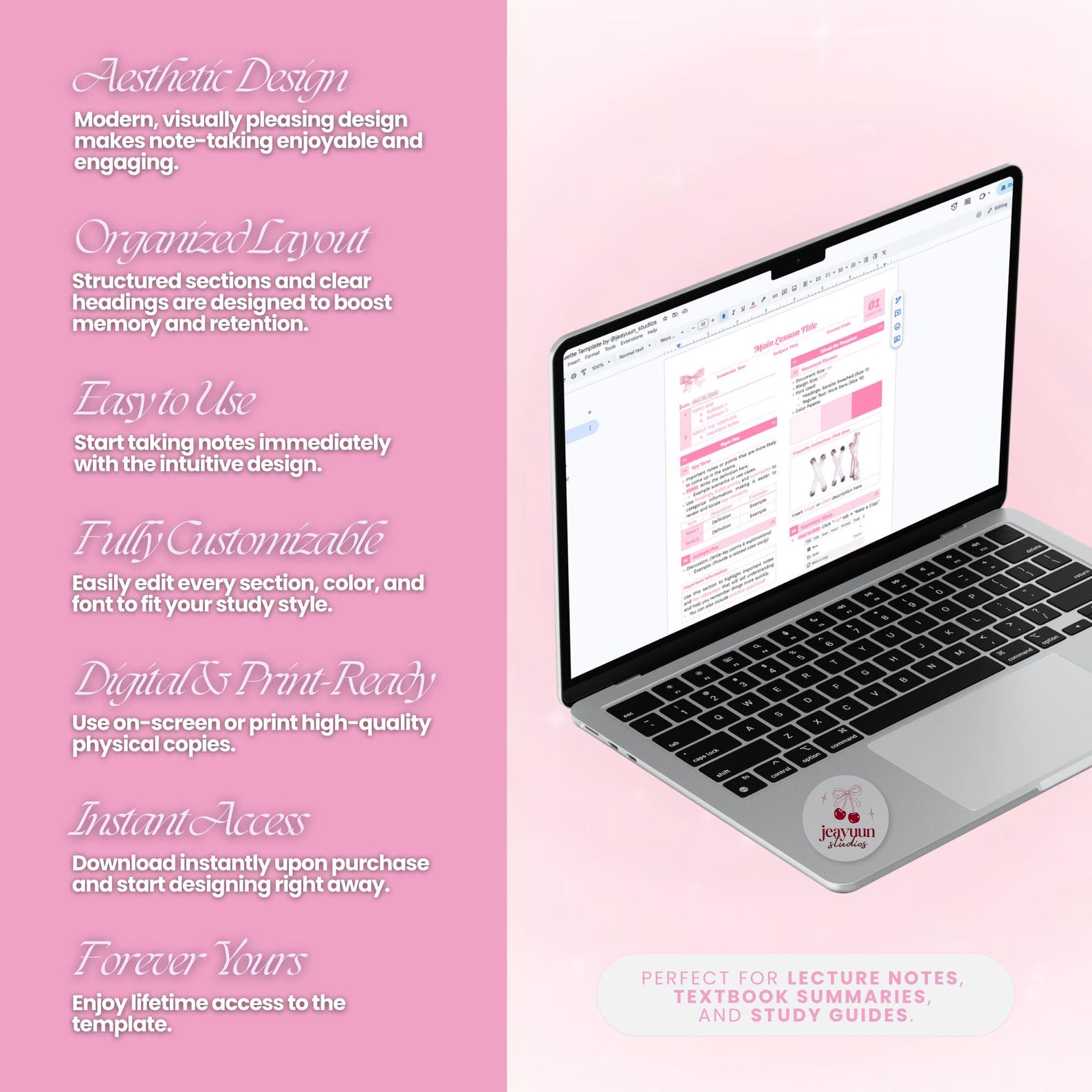 Note Taking Reviewer Pink Note-taking Template (coquette Google Docs) | Editable Study Notes ...