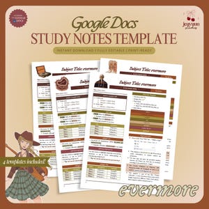 May include: A digital study notes template for Google Docs, with a brown and white design. The template includes four printable pages with sections for subject titles, notes, and definitions. The image also includes the text "Study Notes Template" and "Instant Download | Fully Editable | Print-Ready."