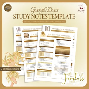 May include: A digital study notes template for Google Docs, featuring a tan and white design. The template includes sections for subject titles, notes, and definitions. The image also includes the text "Fearless".