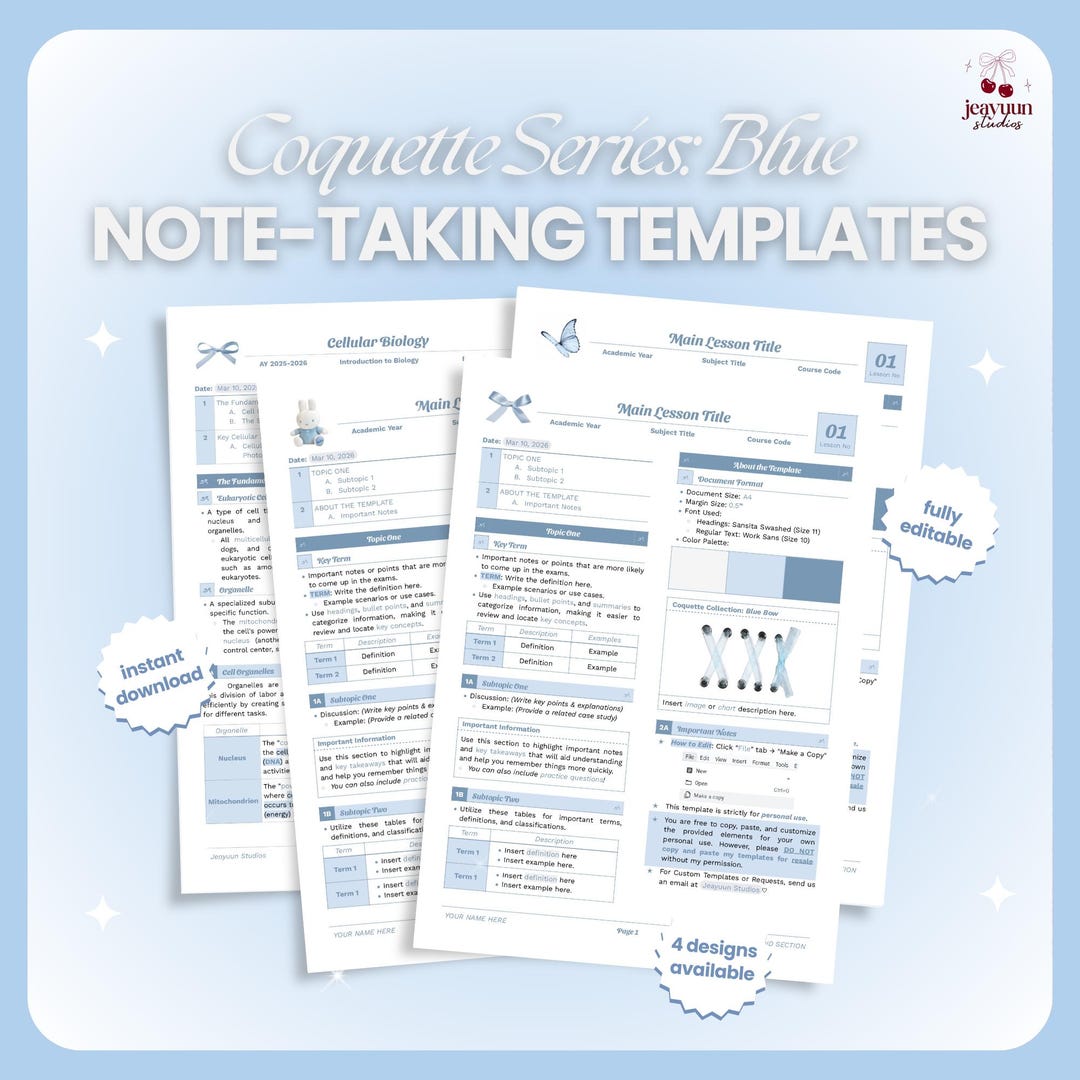 Blue Note-taking Template (coquette Google Docs) | Editable Study Notes ...
