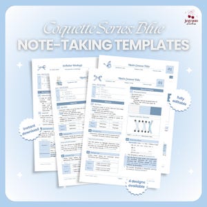 May include: A stack of light blue note-taking templates with the text "Coquette Series: Blue NOTE-TAKING TEMPLATES". The templates have a butterfly and bow design. The words "instant download" and "fully editable" are also visible.