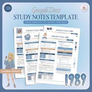 May include: A digital study notes template for Google Docs, with a light blue and white design. The template includes sections for subject titles, topic notes, and additional information. The image also includes the text "1989" and "4 templates included!"