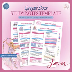 Op de afbeelding: Een roze en witte digitale studie notitiesjabloon voor Google Docs. Het ontwerp bevat de tekst "Google Docs Study Notes Template" en "Subject Title: Lover". De afbeelding bevat ook illustraties en de tekst "4 templates included!"