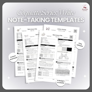 May include: White note-taking templates from the Coquette Series. The templates have a clean design with headings for main lesson titles and key information. The image includes the text "instant download" and "fully editable".