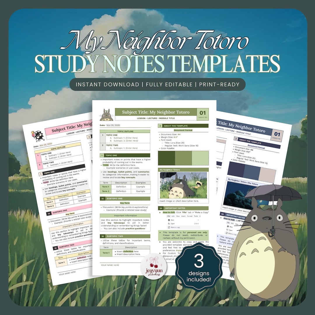 Totoro Study Notes Template | Editable Google Docs Reviewer for School ...