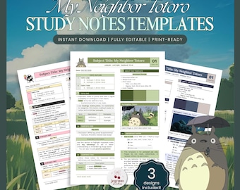 Può includere: Modelli di appunti di studio con il titolo "My Neighbor Totoro". Il design include tre modelli con una combinazione di colori verde e bianco. I modelli sono completamente modificabili e pronti per la stampa, con il testo "Download istantaneo".