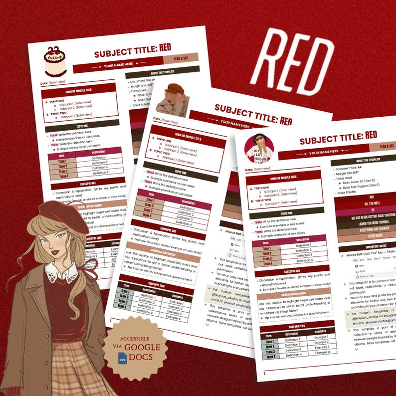 Printable Study Notes & Reviewer Template (red) | Editable Google Docs ...