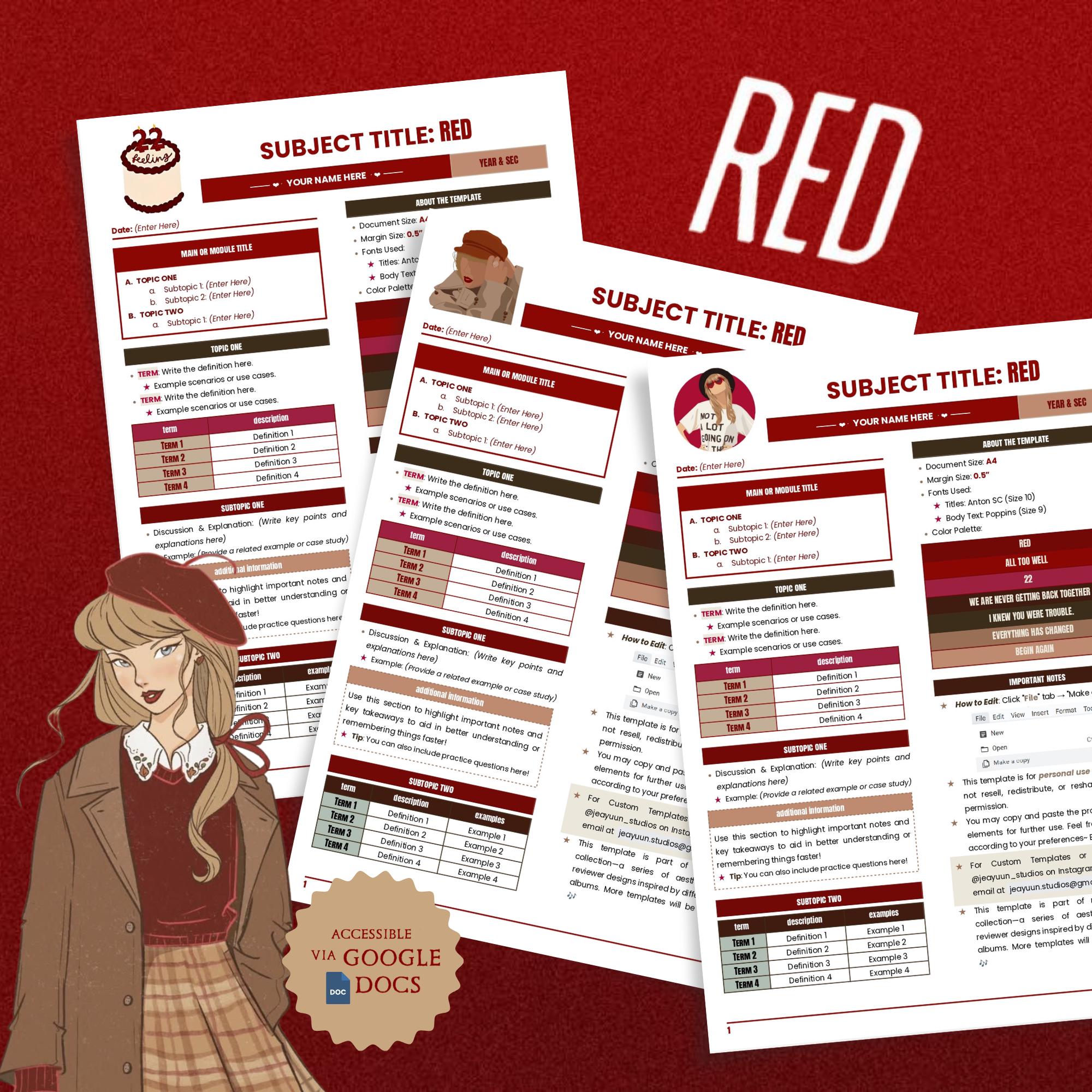 Printable Study Notes & Reviewer Template (red) | Editable Google Docs ...