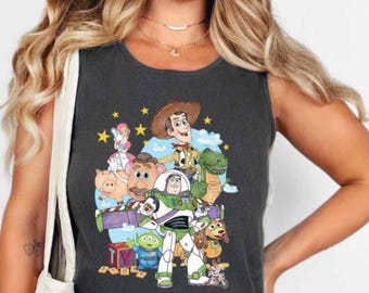 Toy Story Tank Top Disney Buzz Lightyear & Woody Graphic Tank Disney Pixar Character Collage Shirt Cute Cartoon Summer Top