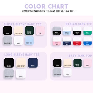 The image is a color chart that displays various baby t-shirt colors and their corresponding names. It includes short sleeve, long sleeve, and tank tops in different colors such as black, light blue, green, pink, white, navy, and sports gray.